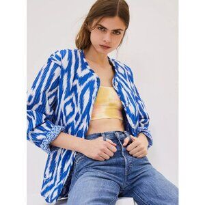 ANTHROPOLOGIE Nora Quilted Jacket Blue and White Ikat Patterned Size Small